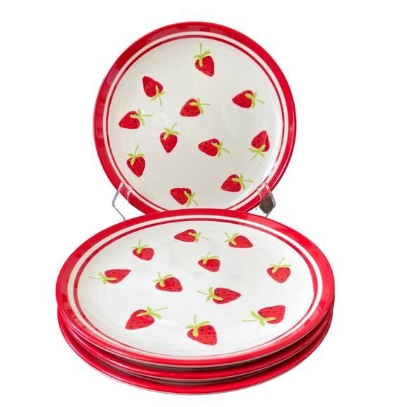 TERRAMOTO Strawberry Summer Ceramic 10.5" Plates Red and White Set of 4 NEW - Picture 4 of 8